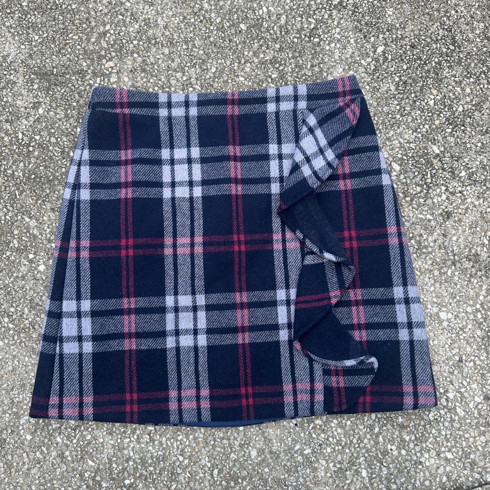 J.Crew Mercantile Navy Plaid Wool Blend Ruffle Mini Skirt Size 2 Preppy Blue Red